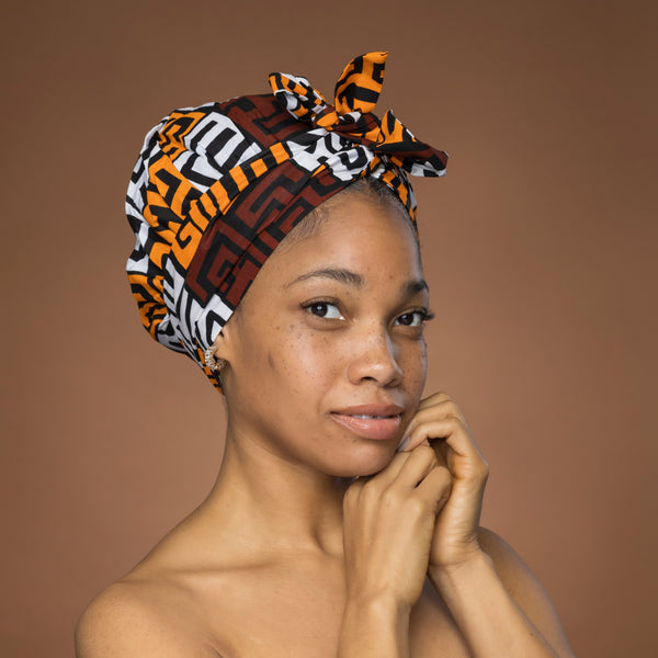Turban facile - Bonnet en satin - Marron & Jaune-orange Blocs Kuba