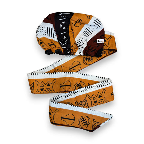 Easy headwrap / hoofddoek - Bruin & Geeloranje Kuba Blokken