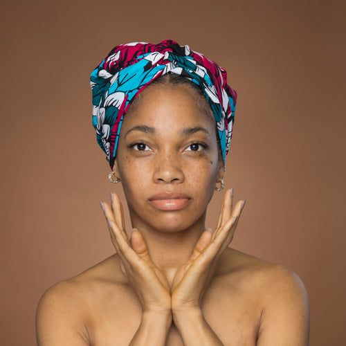 Easy headwrap - Satin lined hair bonnet - Pink & Teal Flowers