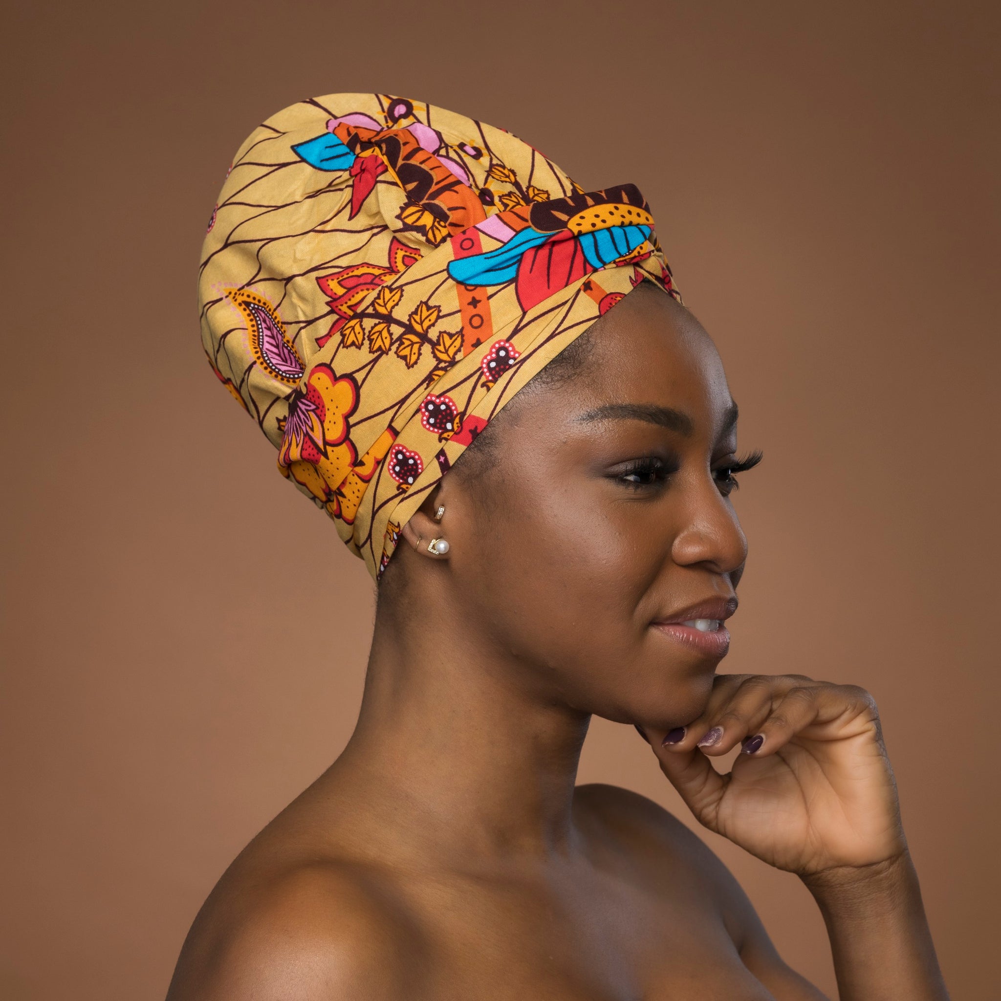Easy headwrap / hoofddoek - Satijnen binnenkant - Beige & Oranje Botanical Flow