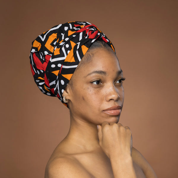 Easy headwrap / hoofddoek - Rood en oranje Bogolan 