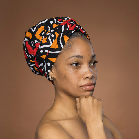 Easy headwrap - Satin lined hair bonnet - Red & Orange Bogolan