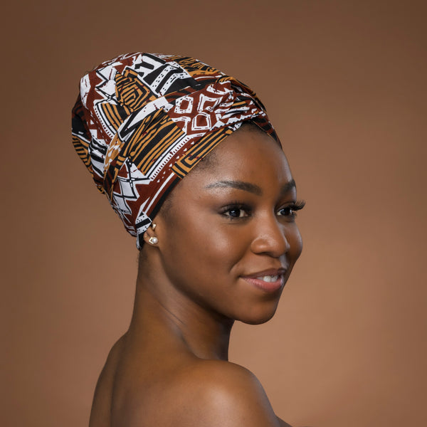 Easy headwrap / hoofddoek - Bruin Bogolan Mozaïek