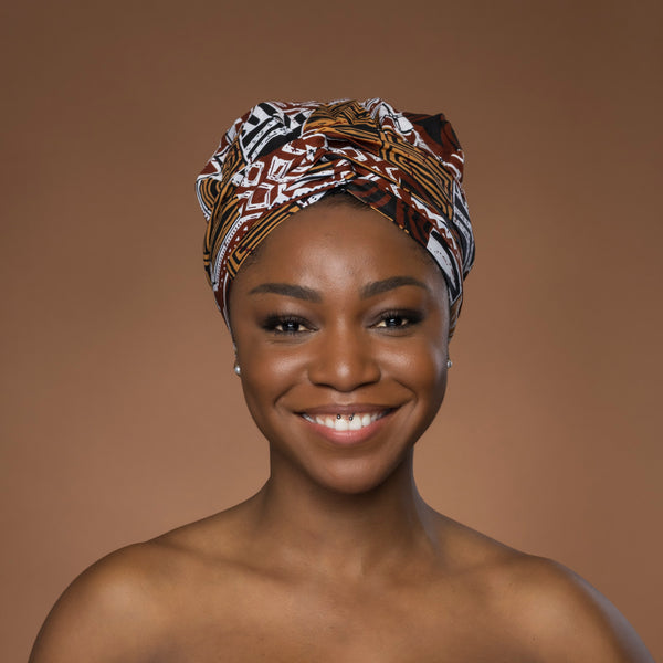 Easy headwrap / hoofddoek - Bruin Bogolan Mozaïek