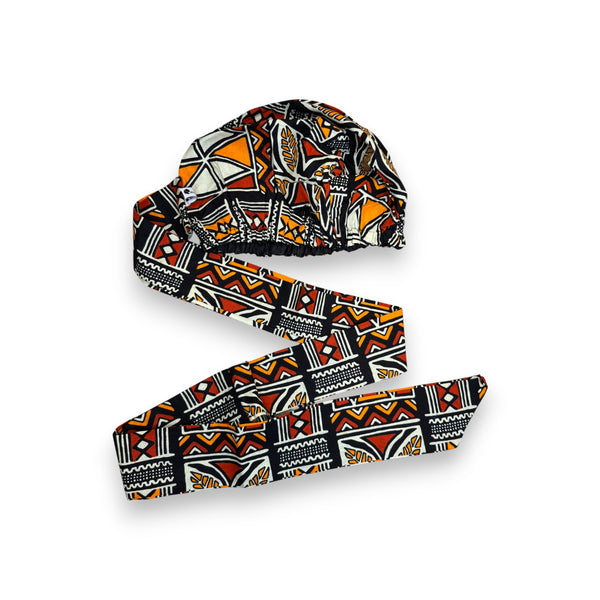 Easy headwrap / hoofddoek - Rood & Oranje Bogolan Symbolen