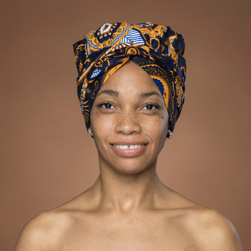 Easy headwrap / hoofddoek - Satijnen binnenkant - Blauw Geel Paisley