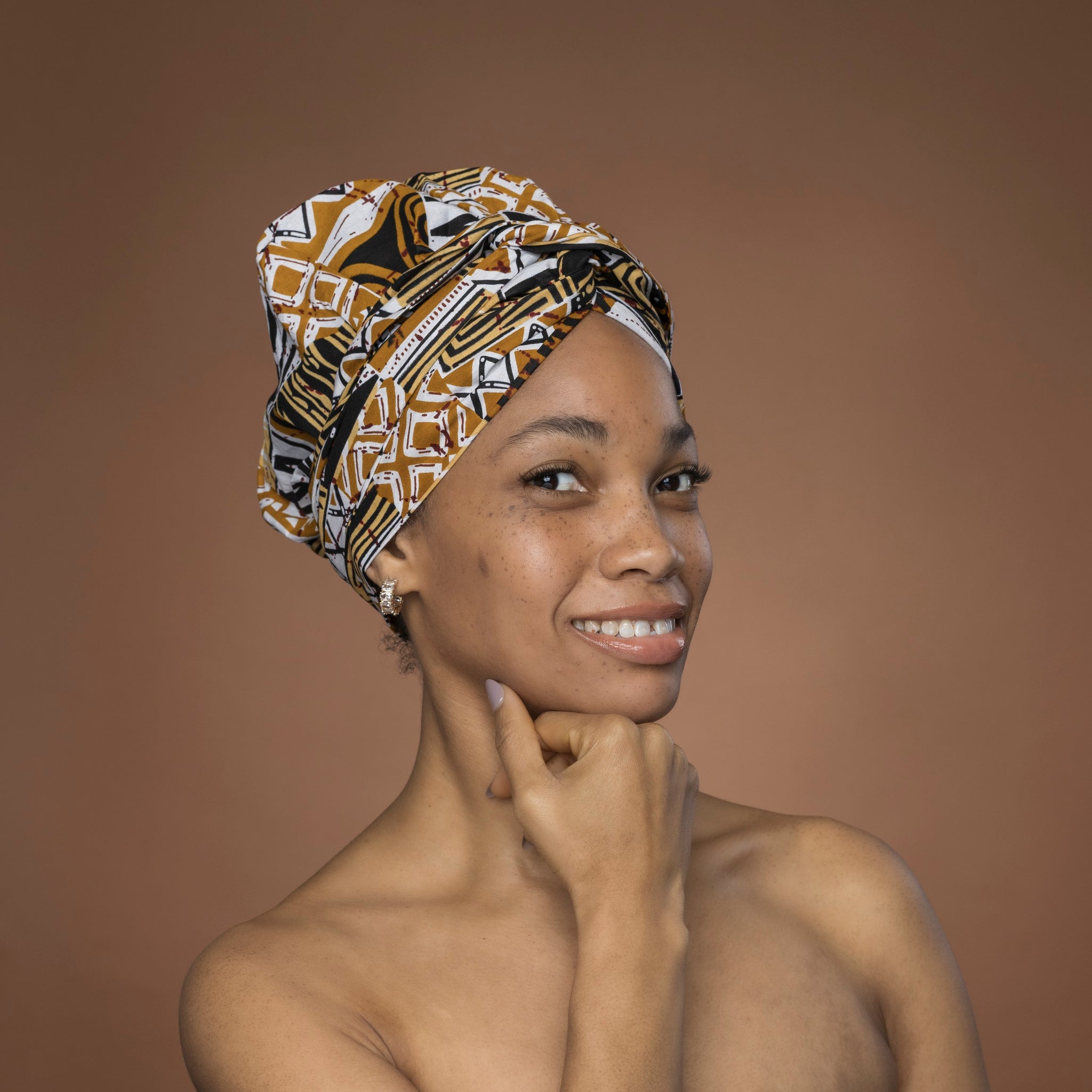 Turban facile - Bonnet en satin - Kaki Bogolan Mosaic