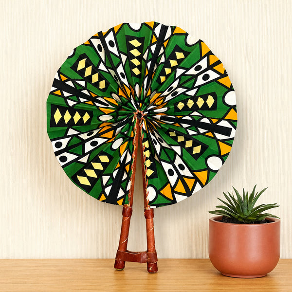 African Hand fan - Ankara print Hand fan - Green Black Abena