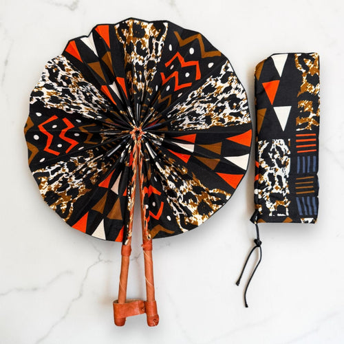 Afrikaanse handwaaier - Ankara print waaier - Zwart Bruin Yaa