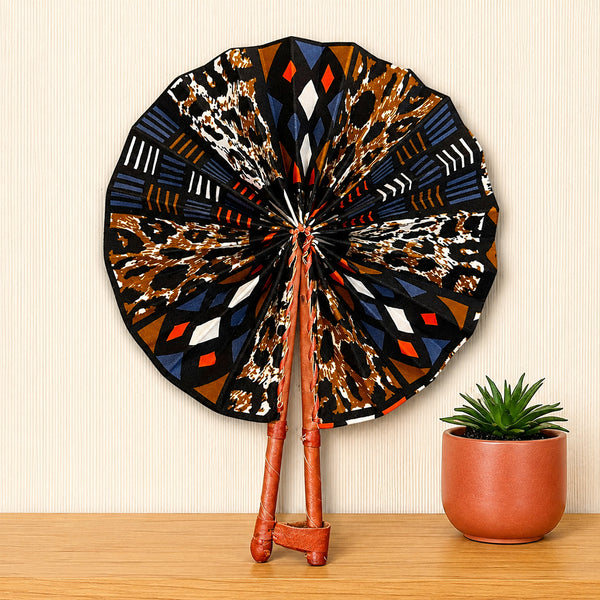 African Hand fan - Ankara print Hand fan - Black Brown Yaa