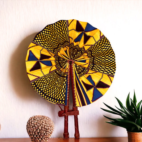 Afrikaanse handwaaier - Ankara print waaier - Kwadwo - Gele kente