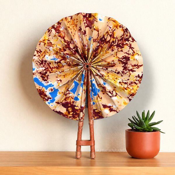 African Hand fan - Ankara print Hand fan - Beige Burgundy Ama