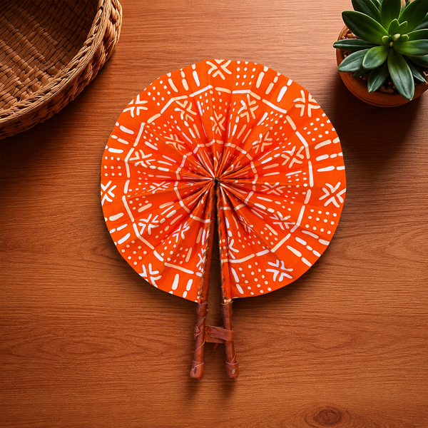 African Hand fan - Ankara print Hand fan - Kwadwo- Orange