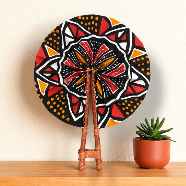 African Hand fan - Ankara print Hand fan - Black Red Yaw