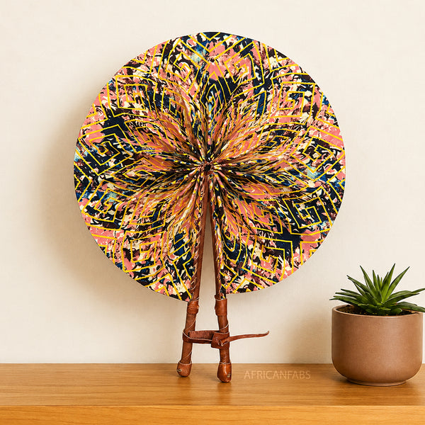 African Hand fan - Ankara print Hand fan - Pink Black Owuraku