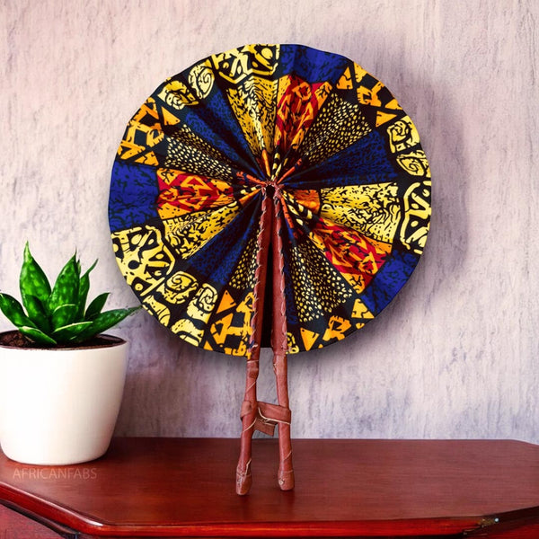 African Hand fan - Ankara print Hand fan - Kwame - Blue / yellow