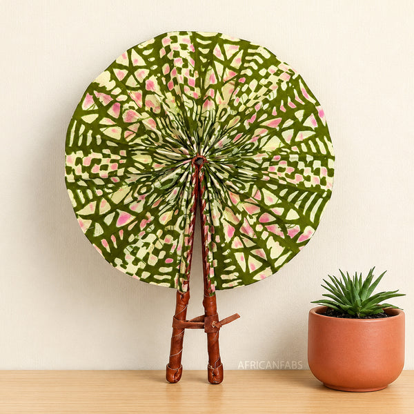 African Hand fan - Ankara print Hand fan - Olive Cream Bediako