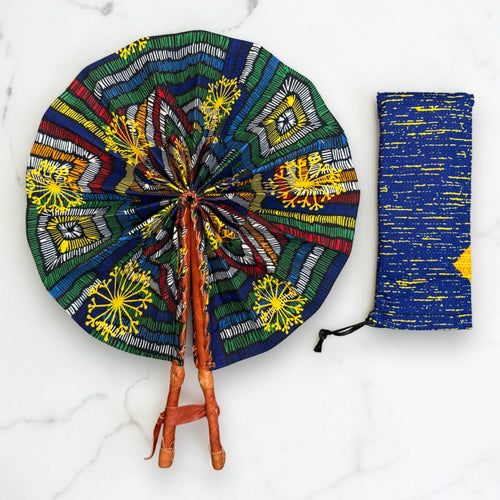 Afrikaanse handwaaier - Ankara print waaier - Blauw Geel Boakye