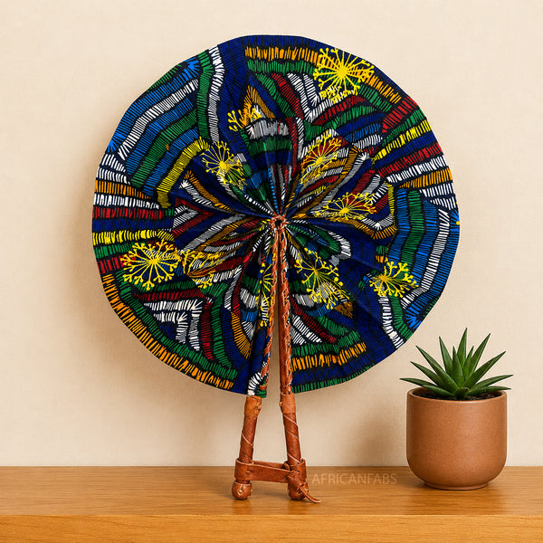 African Hand fan - Ankara print Hand fan - Blue Yellow Boakye