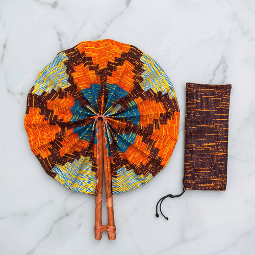 Afrikaanse handwaaier - Ankara print waaier - Bruin Oranje Enitan