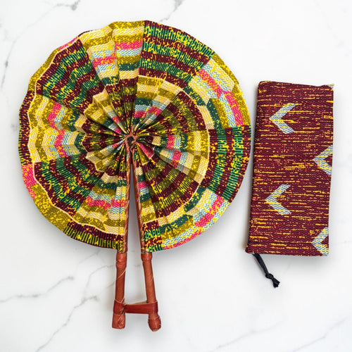 African Hand fan - Ankara print Hand fan - Yellow Green Kusi