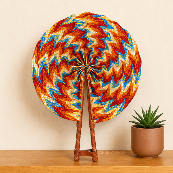 African Hand fan - Ankara print Hand fan - Orange Blue Ayim