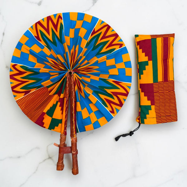 African Hand fan - Ankara print Hand fan - Blue Orange Adomako