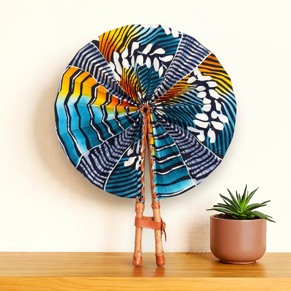 African Hand fan - Ankara print Hand fan - Turquoise Black Titilayo