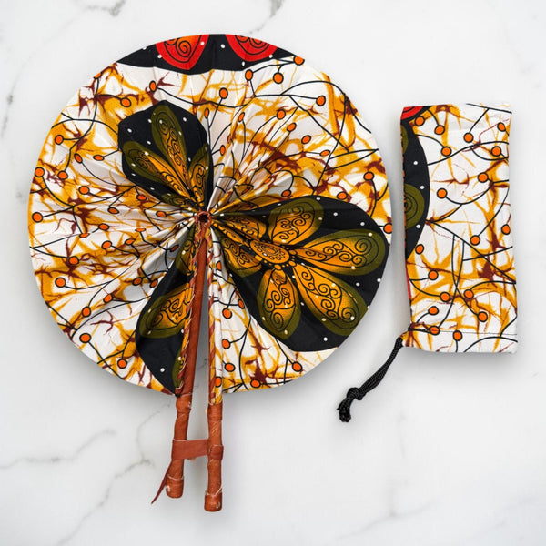 African Hand fan - Ankara print Hand fan - Orange White Acheampong