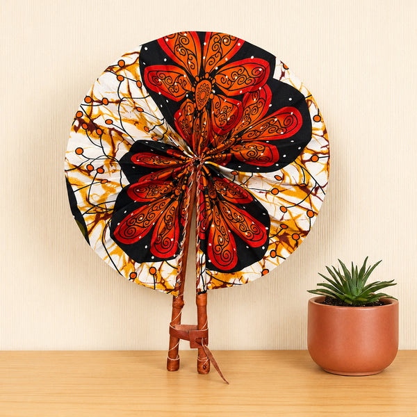 African Hand fan - Ankara print Hand fan - Orange White Acheampong