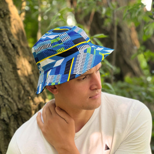 Chapeau bob / Bucket hat imprimé africain - Bleu Kente - tailles enfants et adultes (Unisexe)