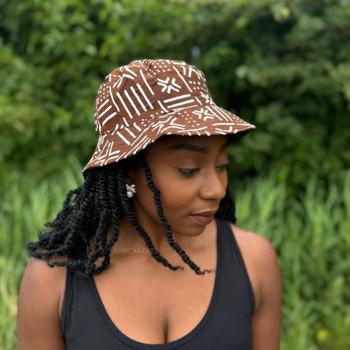 Bucket hat / Vissershoedje met Afrikaanse print - Bruine Bogolan - Kinderen & Volwassenen (Unisex)