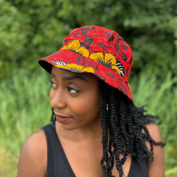 Chapeau bob / Bucket hat imprimé africain -Rouge Flowers - tailles enfants et adultes (Unisexe)