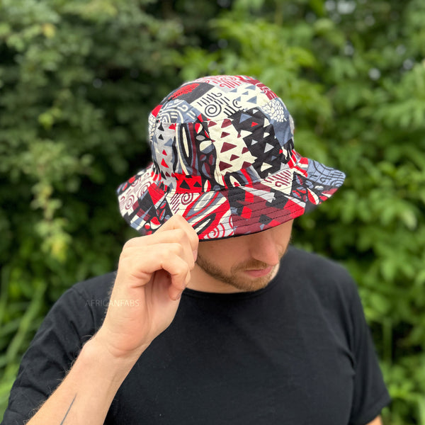 Bucket hat / Vissershoedje met Afrikaanse print - Rode vormen- Kinderen & Volwassenen (Unisex)