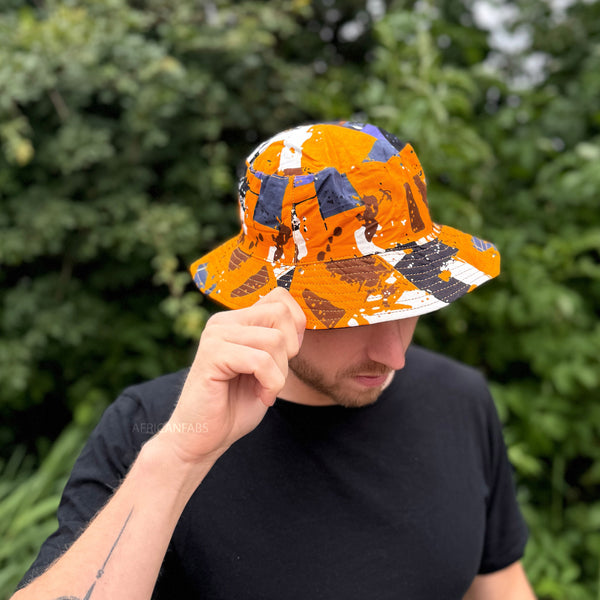 Bucket hat / Vissershoedje met Afrikaanse print - Oranje vormen- Kinderen & Volwassenen (Unisex)