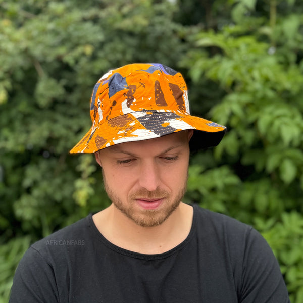 Chapeau bob / Bucket hat imprimé africain - orange formes - tailles enfants et adultes (Unisexe)