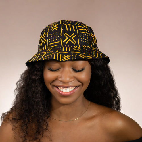 Bucket hat / Vissershoedje met Afrikaanse print - Zwart / Gele Bogolan - Kinderen & Volwassenen (Unisex)