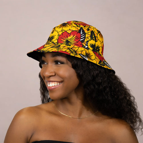 Bucket hat / Vissershoedje met Afrikaanse print - Gele Flowers - Kinderen & Volwassenen (Unisex)