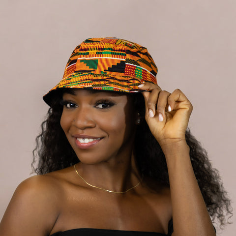 Bucket hat / Fisherman hat with African print - Kente Orange / green - Kids & Adults sizes (Unisex)