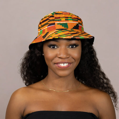 Bucket hat / Vissershoedje met Afrikaanse print - Kente oranje/groen - Kinderen & Volwassenen (Unisex)