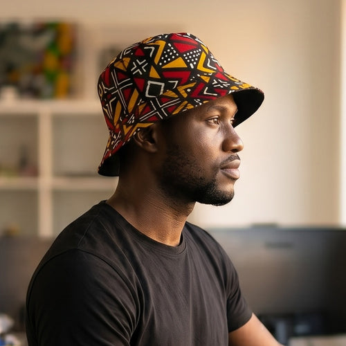 Bucket hat / Vissershoedje met Afrikaanse print - Rood Bogolan Geometry - Kinderen & Volwassenen (Unisex)