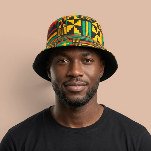 Bucket hat / Vissershoedje met Afrikaanse print - Zwart Groen Kente - Kinderen & Volwassenen (Unisex)