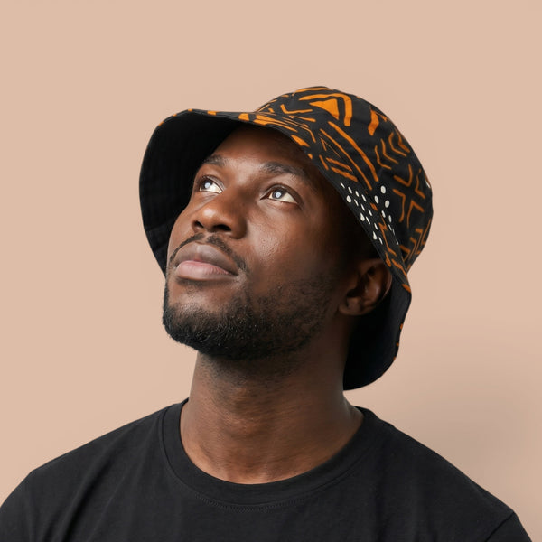 Chapeau bob / Bucket hat imprimé africain - Noir Orange Bogolan Symbols - tailles enfants et adultes (Unisexe)