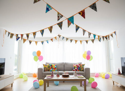 Drapeaux / guirlandes / fanions en tissu imprimé africain - Ruban orange - 5 mètres