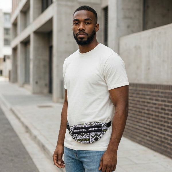 African Print Fanny Pack - White / green bogolan - Ankara Waist Bag / Bum bag / Festival Bag