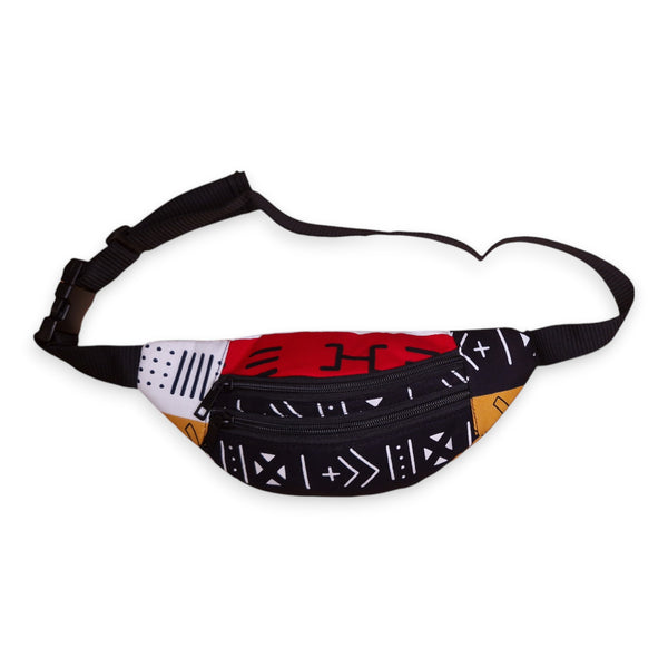 African Print Fanny Pack - Red Bogolan Symbols - Ankara Waist Bag / Bum bag / Festival Bag