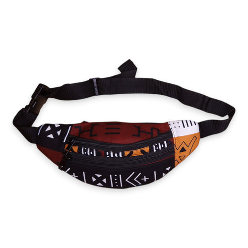 Afrikaanse print heuptasje / Fanny pack - Bruine Bogolan Symbols - Festival tasje met verstelbare band