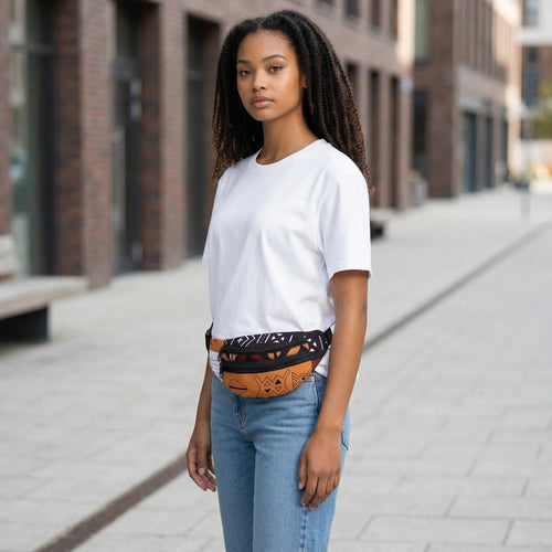 African Print Fanny Pack - Brown Bogolan Symbols - Ankara Waist Bag / Bum bag / Festival Bag