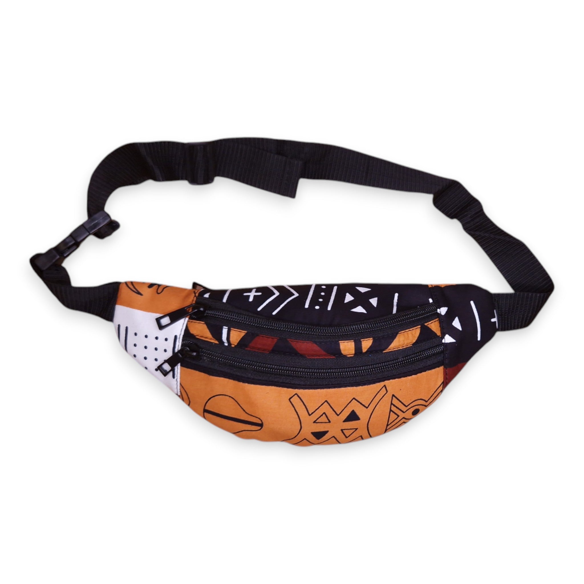 Afrikaanse print heuptasje / Fanny pack - Bruine Bogolan Symbols - Festival tasje met verstelbare band