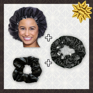 SATIN SET - Bescherm je haar & keep it dry - Zwarte Satijnen Slaapmuts + Douchemuts + Scrunchie